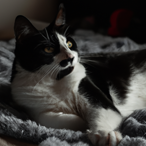 תמונה של חתול שחור ולבן שוכב על שמיכה רכה.
