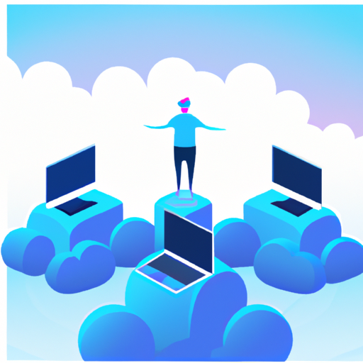 המחשה של תפיסת מחשוב הענן, עם דמות הניצבת על פלטפורמה מוקפת בסדרה של מחשבים.